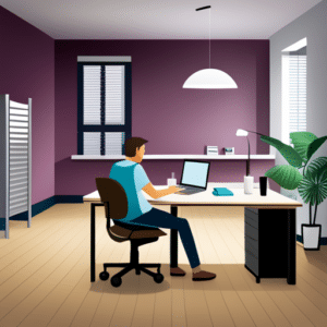 A photorealistic digital illustration of an R programmer creating an online course sitting at a desk