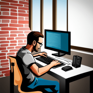 An image depicting a programmer immersed in the R programming language on their computer in a modern home office.