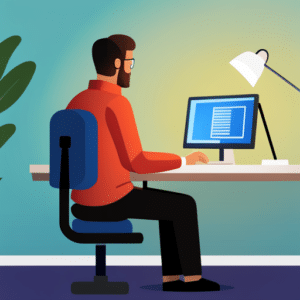 A digital illustration of a man sitting at a computer screen taking an R programming course.
