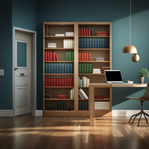 A photorealistic digital illustration of a bookshelf with R programming books