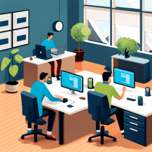 A photorealistic digital illustration of R programmers working at a desk